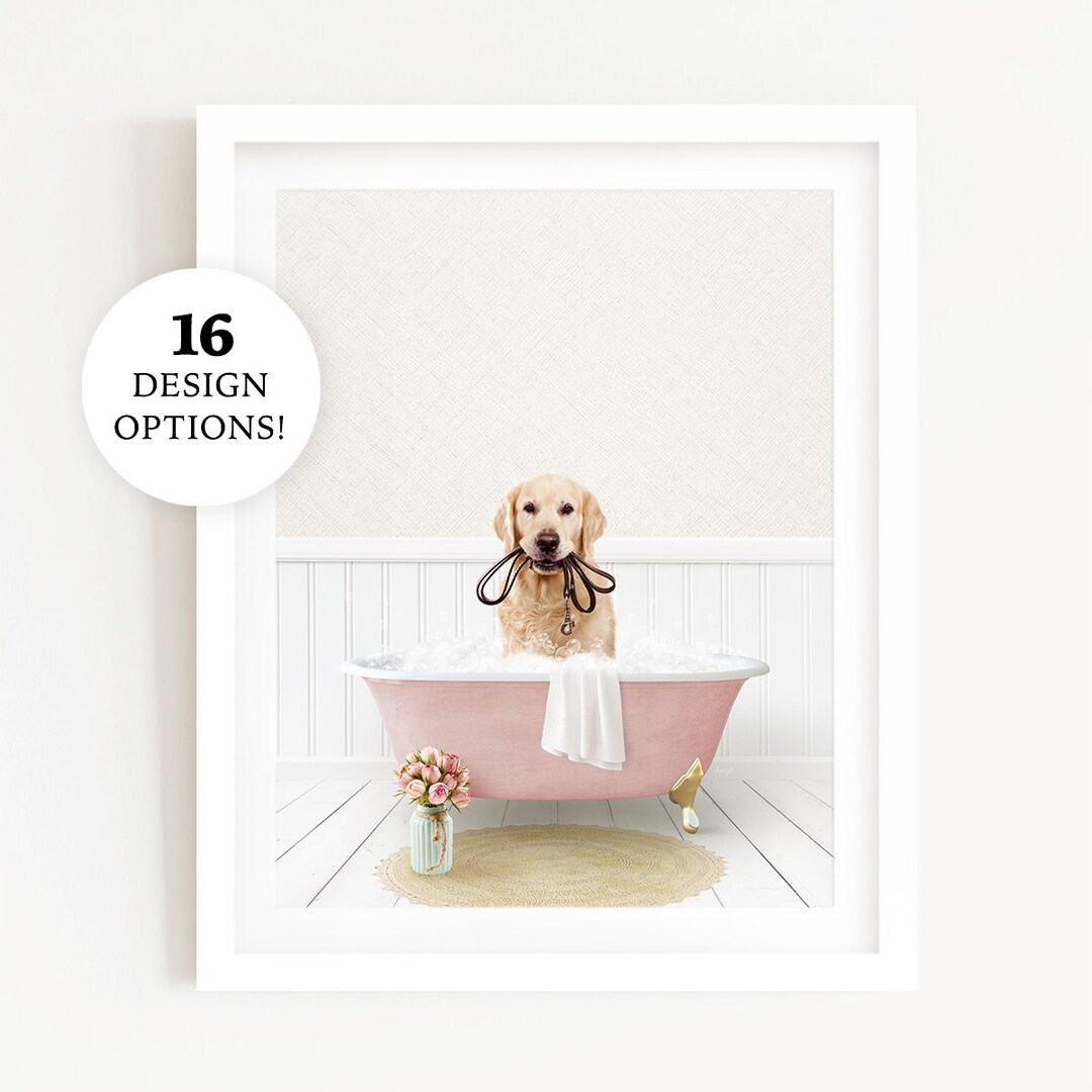 Golden Retriever Dog in a Vintage Bathtub, Dog Taking Bath, Dog Art