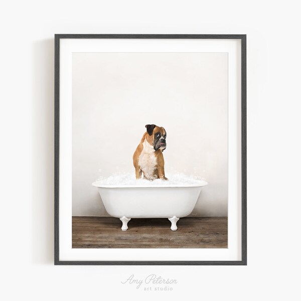 German Boxer Dog in a Vintage Bathtub, Dog Taking Bath, Dog Art, Bathroom Wall Art, Unframed Print, Animal Art by Amy Peterson