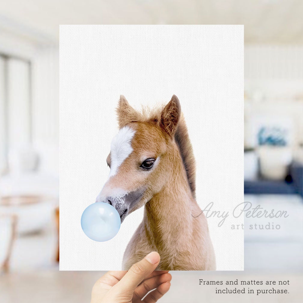 Baby Horse Blowing Bubble Gum Horse Print Pony Animal Art Etsy
