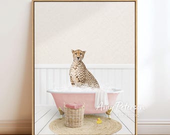 Cheetah in Pink Bathtub Art Print: Cottage Pink Bathroom Wall Decor