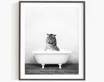 Baby Hippo in a Vintage Bathtub, Rustic Bath Style in Black and White, Bathroom Wall Art, Unframed Print, Animal Art by Amy Peterson