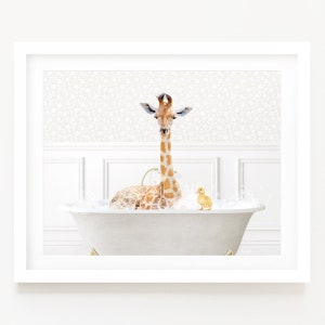 Giraffe in a Vintage Bubble Bath, Bathroom Wall Art, Bathtub Animal Unframed Art Print by Amy Peterson