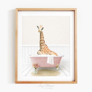 Giraffe in a Vintage Bathtub, Cottage Rose Bath Style, Giraffe in Tub, Bathroom Wall Art, Unframed Print, Animal Art by Amy Peterson