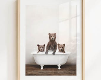 Bear Cubs in Bathtub Art Print: Rustic Bathroom Wall Decor