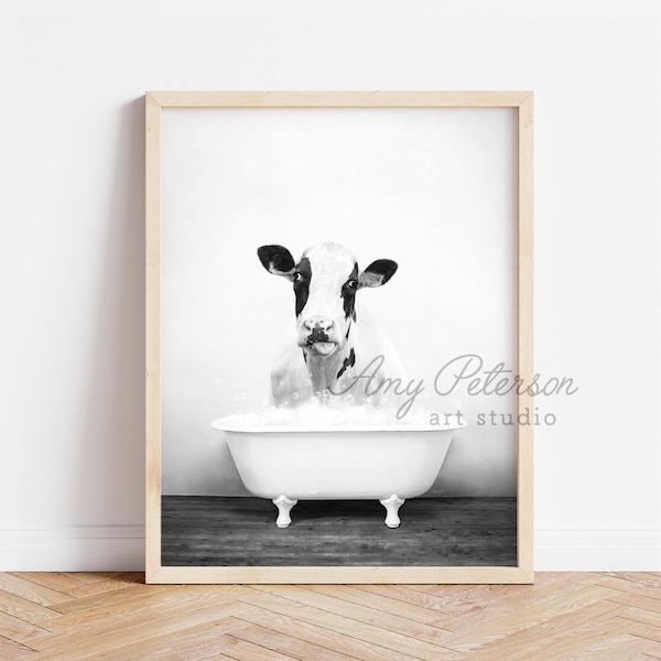 Cow in a Vintage Bathtub, Rustic Bath Style in Black and White, Cow in Tub, Bathroom Wall Art, Animal Art by Amy Peterson