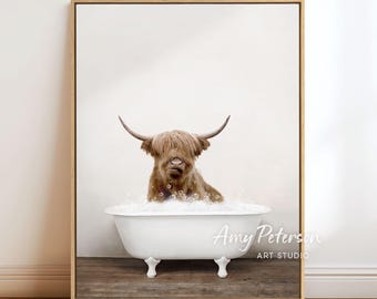 Highland Cow in Bathtub Art Print: Rustic Bathroom Wall Decor