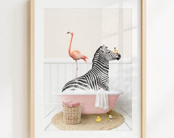 Zebra and Flamingo in a Vintage Bathtub, Cottage Pink Bathroom, Animal Wall Art