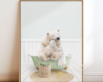 Polar Bear Art Print: Mother and Baby in Green Bathtub