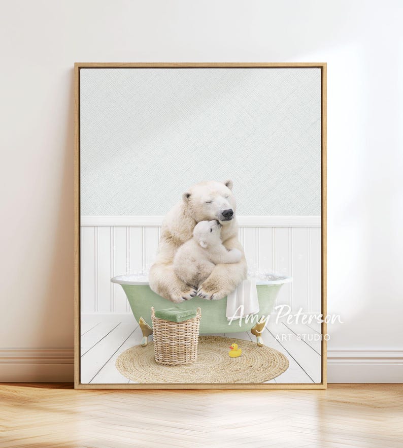 A polar bear and a baby bear sitting together in a bathtub, with a basket of toys nearby.