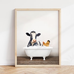 Cow and Chicken Bathtub Print: Rustic Farmhouse Bathroom Wall Art