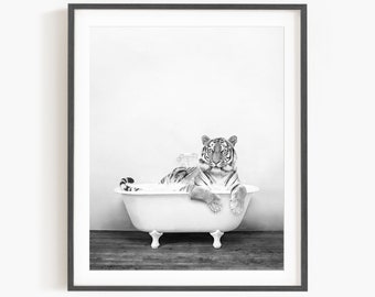 Bengal Tiger in a Vintage Bathtub, Rustic Bath Style, Tiger in Bathtub, Bathroom Wall Art, Unframed Print, Animal Art by Amy Peterson