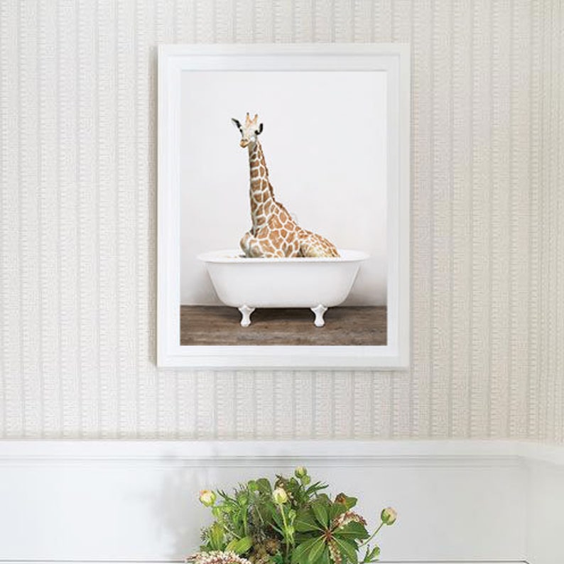 Giraffe Bathtub Art Print Giraffe Bathing Giraffe Bath Wall Etsy