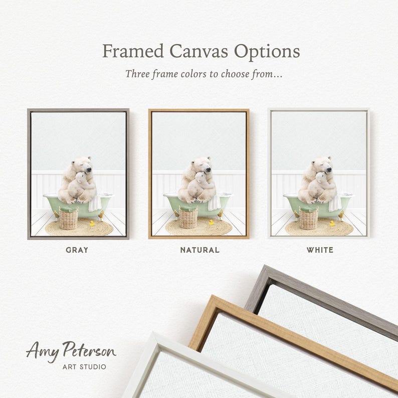 three framed canvas options, each featuring a white bear in a bathtub. The options include a gray frame, a natural frame, and a white frame. The text above the images reads " framed Canvas Options" and "Three frame colors to choose from...".