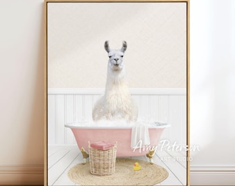 Llama in a Vintage Bathtub, Cottage Pink Bath Style, Animal in Tub, Bathroom Wall Art