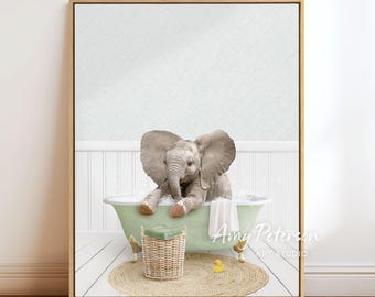 Baby Elephant in Green Bathtub Art Print: Bathroom Wall Decor