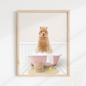 Alpaca in Bathtub Art Print: Cottage Pink Bathroom Wall Decor