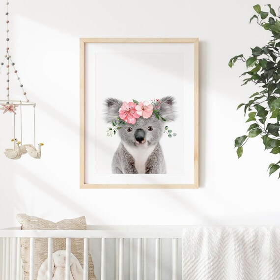Baby Koala With Flower Crown, Nursery Art Woodland Animal