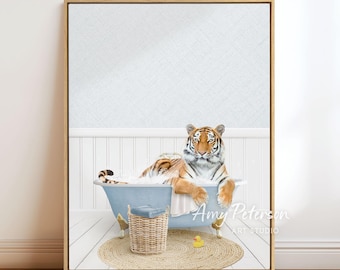 Bengal Tiger in Bathtub Art Print: Cottage Blue Bathroom Wall Decor