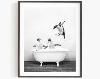 Penguins in a Vintage Bathtub, Rustic Bath Style in Black and White, Bathroom Wall Art, Unframed Print, Animal Art by Amy Peterson
