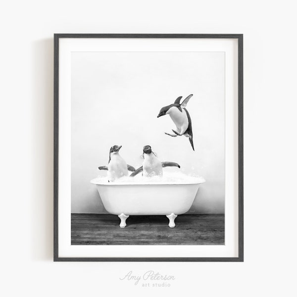 Penguins in a Vintage Bathtub, Rustic Bath Style in Black and White, Bathroom Wall Art, Unframed Print, Animal Art by Amy Peterson