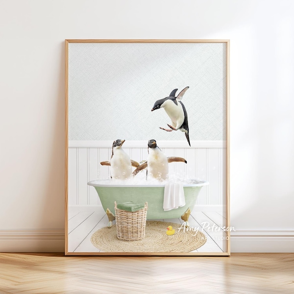 Penguin Bathtub Art Print: Cottagecore Bathroom Wall Decor