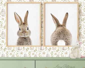 Bunny Prints Set: Front and Back, Woodland Animal, Nursery Art Print Set of 2