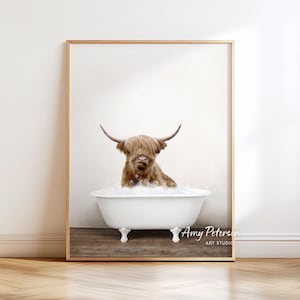 Highland Cow in Bathtub Art Print: Rustic Bathroom Wall Decor