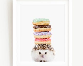 Hedgehog Donuts, Hedgehog with Stacked Donuts, Hedgehog Art, Funny Hedgehog, Whimsical Unframed Animal Art Print by Amy Peterson