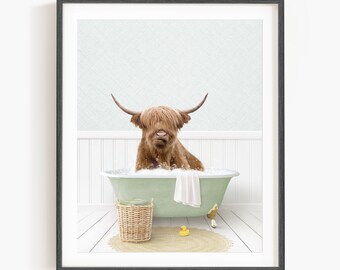 Highland Cow in a Vintage Bathtub, Cottage Green Bath, Cow in Tub, Bathroom Wall Art, Unframed Print, Animal Art by Amy Peterson