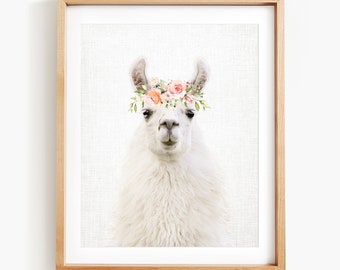 Llama Wearing Flower Crown Portrait, Llama Wall Art, Floral Crown Animal, Llama Photo Print, Animal Art by Amy Peterson