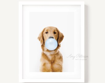 Red Retriever Blowing Bubble Gum, Dog Art, Dog Portrait, Dog Wall Art, Unframed Print, Animal Art by Amy Peterson