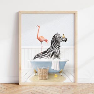 Zebra and Flamingo Art Print: Vintage Bathtub, Cottage Blue Bathroom