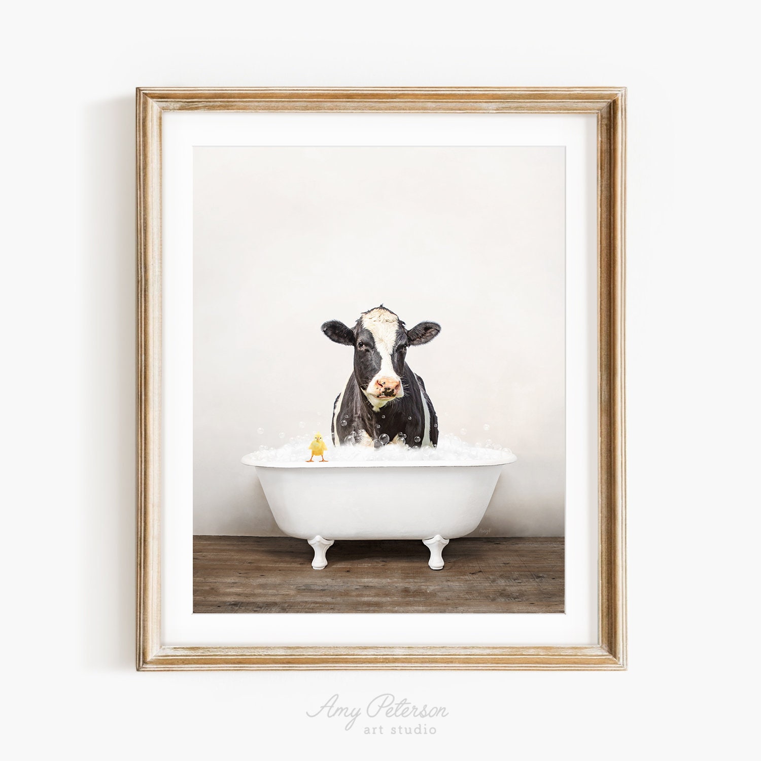 Cow and Baby Chick in a Vintage Bathtub Rustic Bath Style image