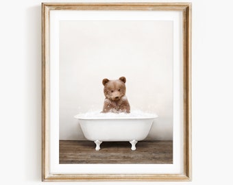 Bear Cub in a Vintage Bathtub, Rustic Bath Style, Bear Cub in Tub, Bathroom Wall Art, Unframed Print, Animal Art by Amy Peterson