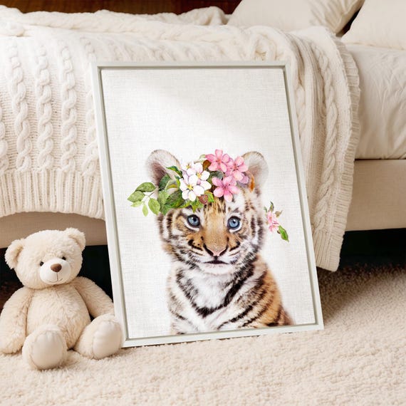 Baby Tiger Cub Art Print: Floral Crown, Safari Nursery Decor