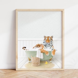 Tiger in Bathtub Art Print: Cottagecore Bathroom Wall Decor