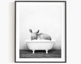 Baby Rhino in a Vintage Bathtub, Rustic Bath Style in Black and White, Bathroom Wall Art, Unframed Print, Animal Art by Amy Peterson