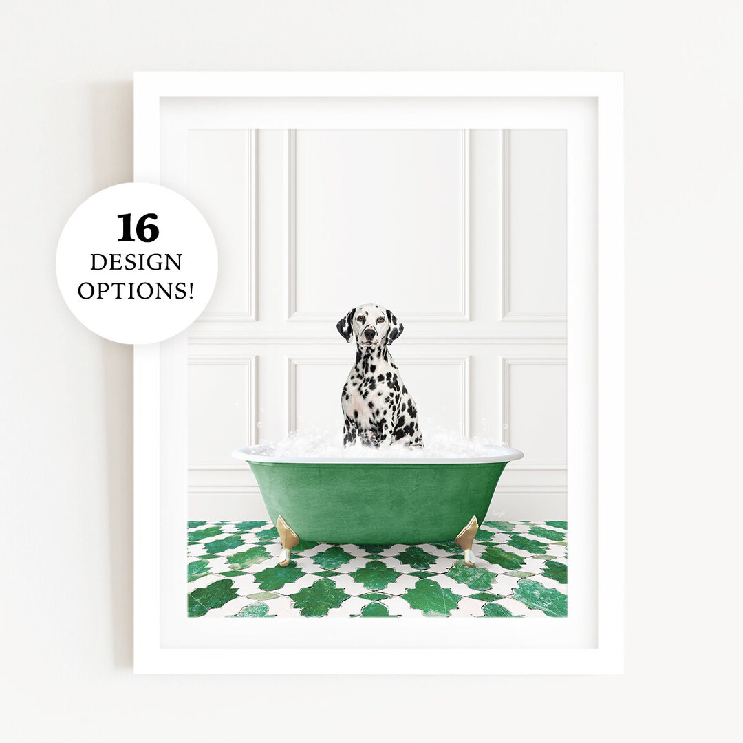 Dalmation Dog in a Vintage Bathtub, Dog Taking Bath, Dog Art, Bathroom