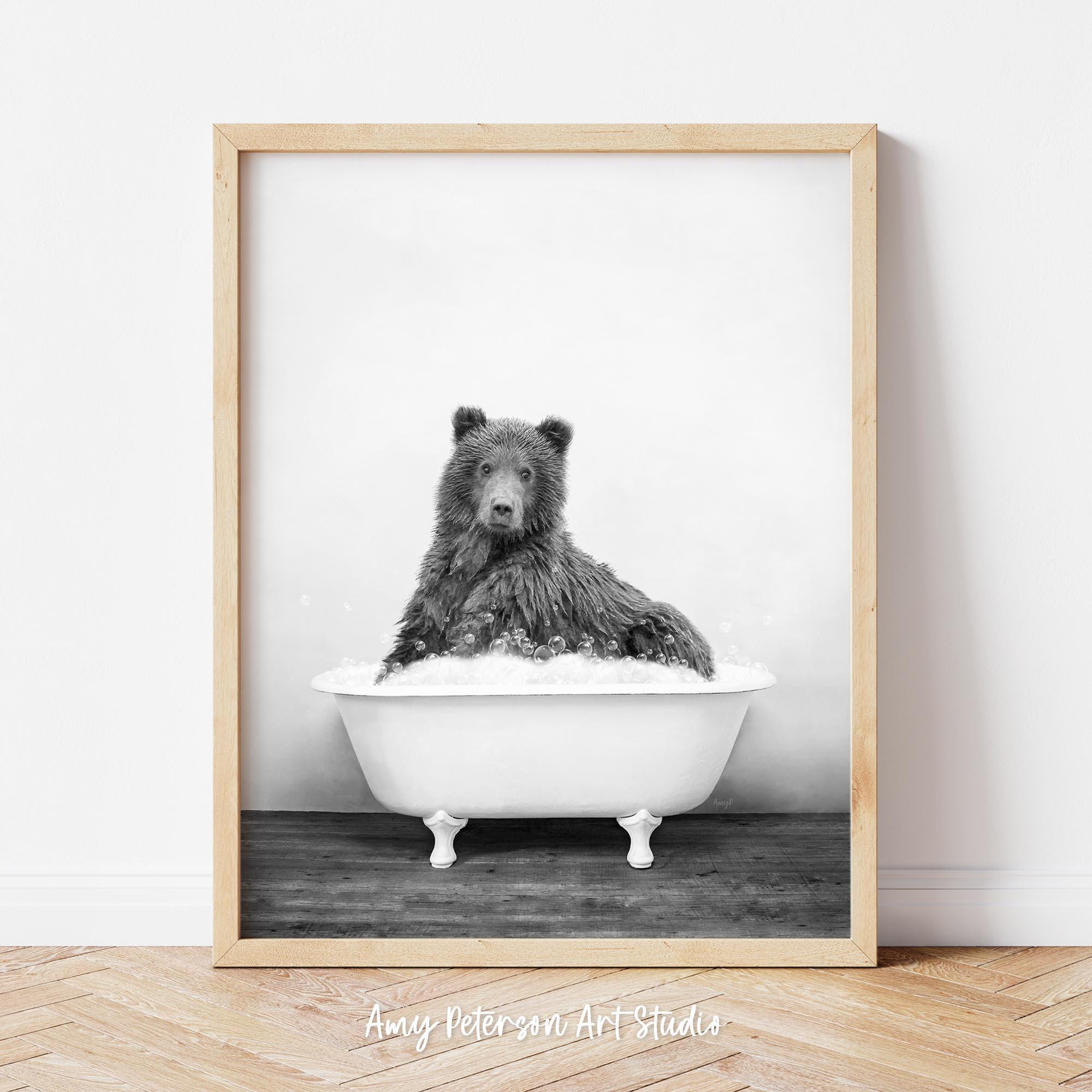 Bear in a Vintage Bathtub, Rustic Bath Style in Black and White 