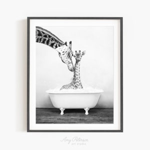 Mother and Baby Giraffe in a Vintage Bathtub, Rustic Bath, Black and White, Bathroom Wall Art, Unframed Print, Animal Art by Amy Peterson