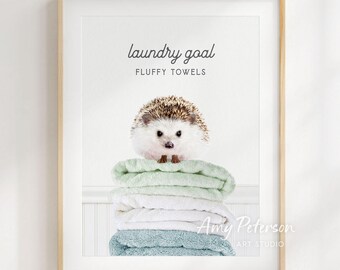 Hedgehog Laundry Goal Art Print: Fluffy Towels Wall Decor