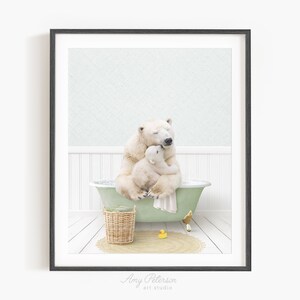 Mother and Baby Polar Bear in a Vintage Bathtub, Cottage Green Bath, Bathroom Wall Art, Unframed Print, Animal Art by Amy Peterson