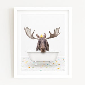 Moose with Rubber Ducky in a Vintage Bathtub, Kids Bath Style, Bathroom Wall Art, Unframed Animal Art Print by Amy Peterson