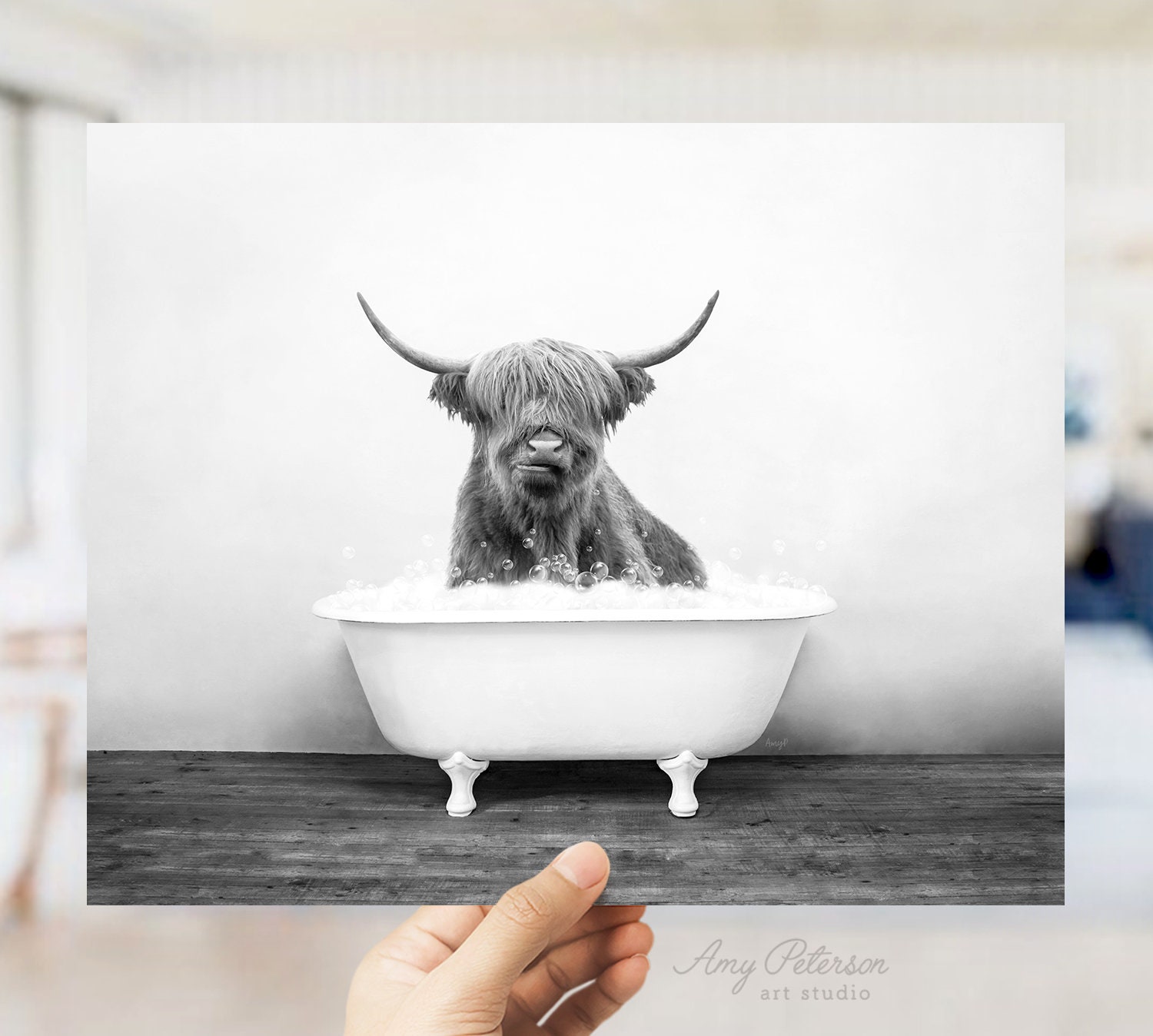 Highland Cow in a Vintage Bathtub Rustic Bath Style in Black pic photo