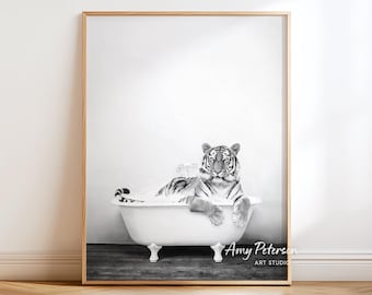 Bengal Tiger in Bathtub Art Print: Rustic Bathroom Wall Decor