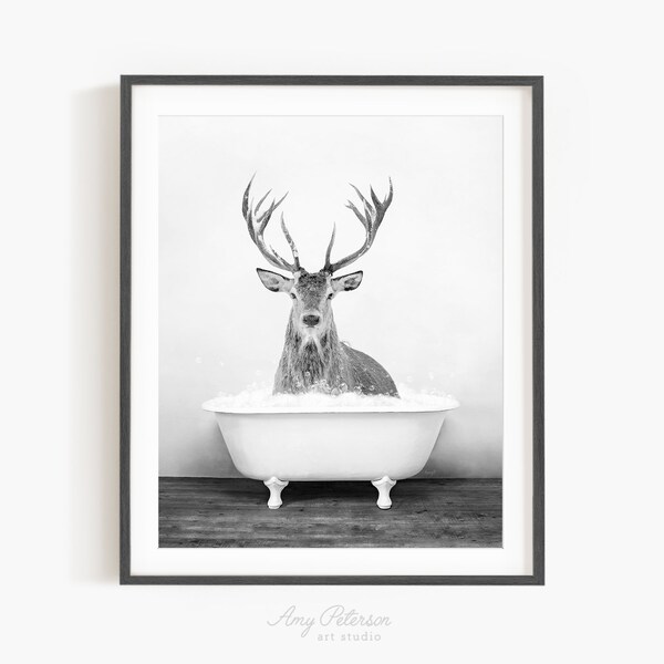 Deer in a Vintage Bathtub, Rustic Bath Style in Black and White, Deer in Tub, Bathroom Wall Art, Unframed Print, Animal Art by Amy Peterson