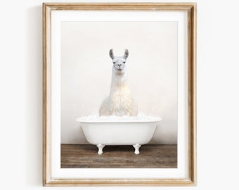 Llama in a Vintage Bathtub, Rustic Bath Style, Llama in Tub, Bathroom Wall Art, Unframed Print, Animal Art by Amy Peterson