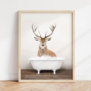 Deer in Bathtub Print: Rustic Bathroom Animal Wall Art