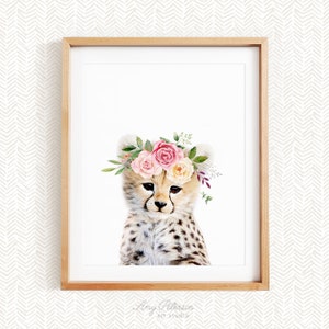 Baby Cheetah Cub with Flower Crown, Nursery Art Safari Animal, Nursery Decor, Unframed Animal Art Print by Amy Peterson