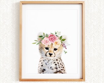 Baby Cheetah Cub with Flower Crown, Nursery Art Safari Animal, Nursery Decor, Unframed Animal Art Print by Amy Peterson